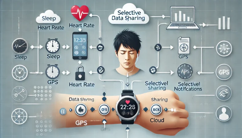 スマートウォッチからスマートフォン、クラウドへ流れるデータを、ユーザーがアイコンごとに制御している様子を示す概念図。日本人男性の使用を想定し、睡眠・心拍・GPS・通知などの共有を選択的に管理している。