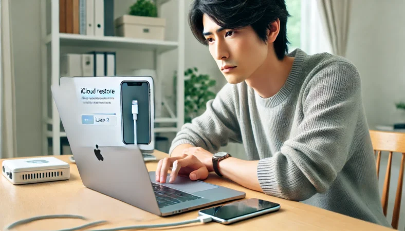 iCloud復元ができず最終手段としてPCと有線接続でiPhoneを復元している日本人男性。安定したLAN接続と落ち着いた作業環境が整っている様子。