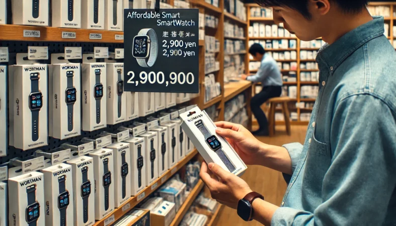 日本のワークマン店舗で、棚に並んだスマートウォッチを見比べる日本人の買い物客。実店舗での購入シーンを再現。