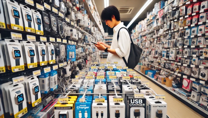 日本の100円ショップでスマホアクセサリー売り場を見ている日本人。USBケーブルやアダプターが並ぶ棚からスマートウォッチ対応の充電器を探している様子。