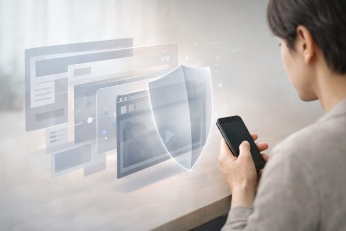 広告ブロックで消えやすい広告と残りやすい広告（動画広告など）の違いを層で表した概念図