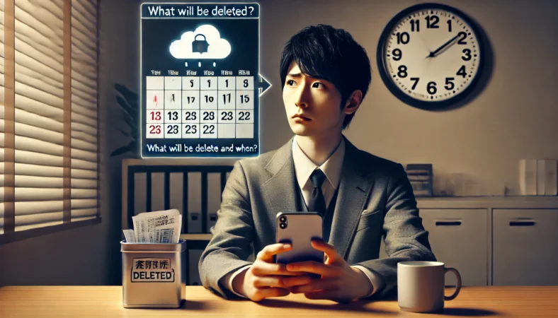 スマートフォンでクラウド関連の警告を見ながら、不安そうに時刻や日付のアイコンを見つめる日本人。削除のタイミングを心配している様子。