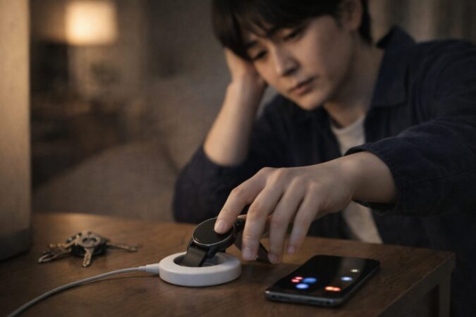 通知疲れや充電の手間でスマートウォッチ継続を迷う日本人の夜の生活シーン