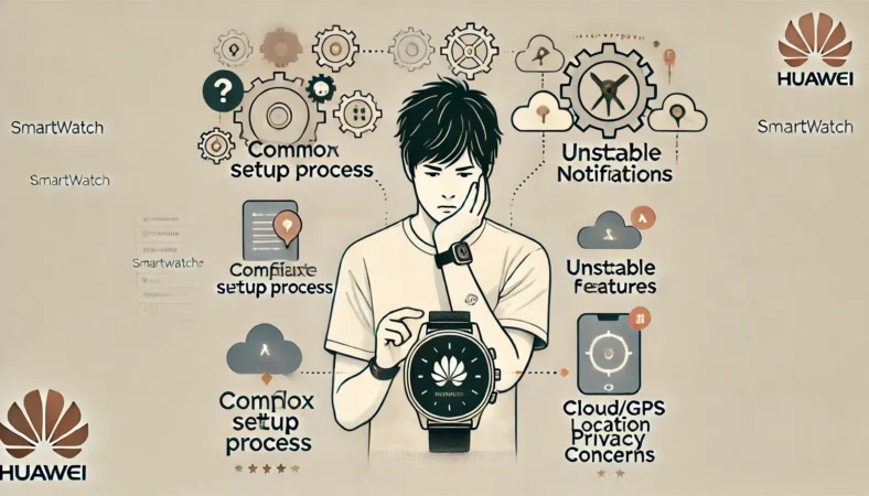 ファーウェイスマートウォッチの利用をやめた理由を示すイラスト。困惑する日本人男性の周囲に、複雑な設定、不安定な通知、機能の少なさ、クラウド・GPSの不安などを象徴するアイコンが並ぶ。