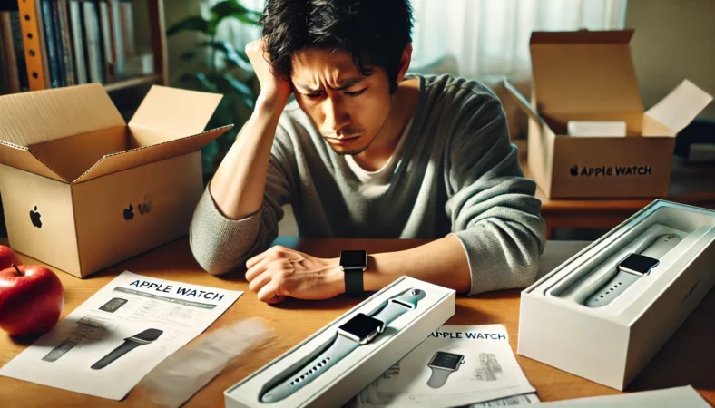 Apple Watchを外し、テーブルに置く日本人男性。部屋には説明書や充電器が散らかり、表情には後悔と落胆がにじむ。スマートウォッチとの相性の悪さが伝わるシーン。