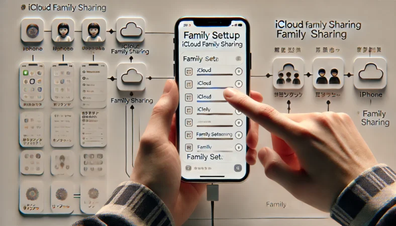 日本人の手元でiPhoneの画面を操作しながらiCloudファミリー共有を設定しているステップバイステップの視覚イメージ。クリーンな背景で現代的な雰囲気。