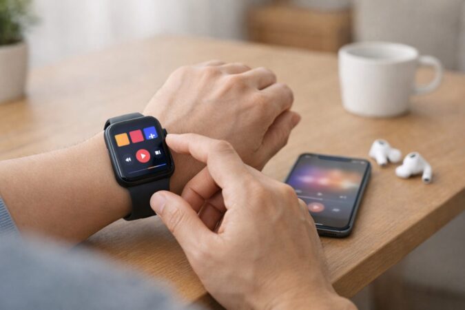 テーブルに座った日本人の大人が、腕に着けたスマートウォッチと横に置いたiPhoneを使って音楽アプリの設定を行っている様子。テーブルにはワイヤレスイヤホンも置かれ、自然光が差し込む落ち着いた室内で、再生準備が整った音楽画面が表示されている。