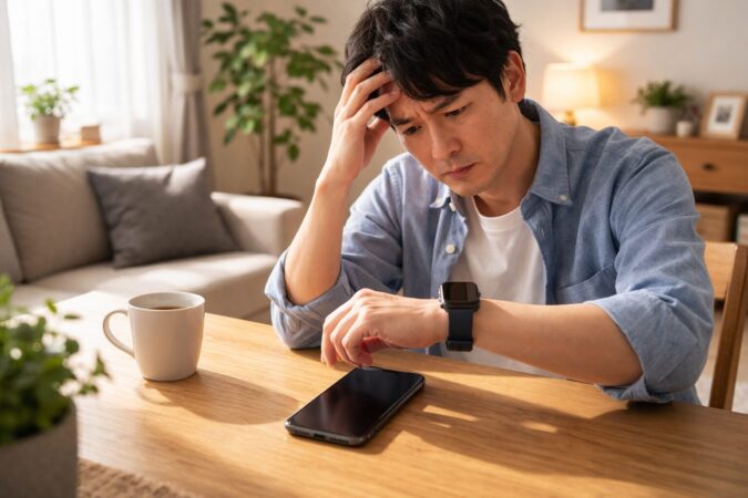日本人がスマートウォッチとスマホを前に、睡眠時心拍数40以下の数値に不安を感じている状況