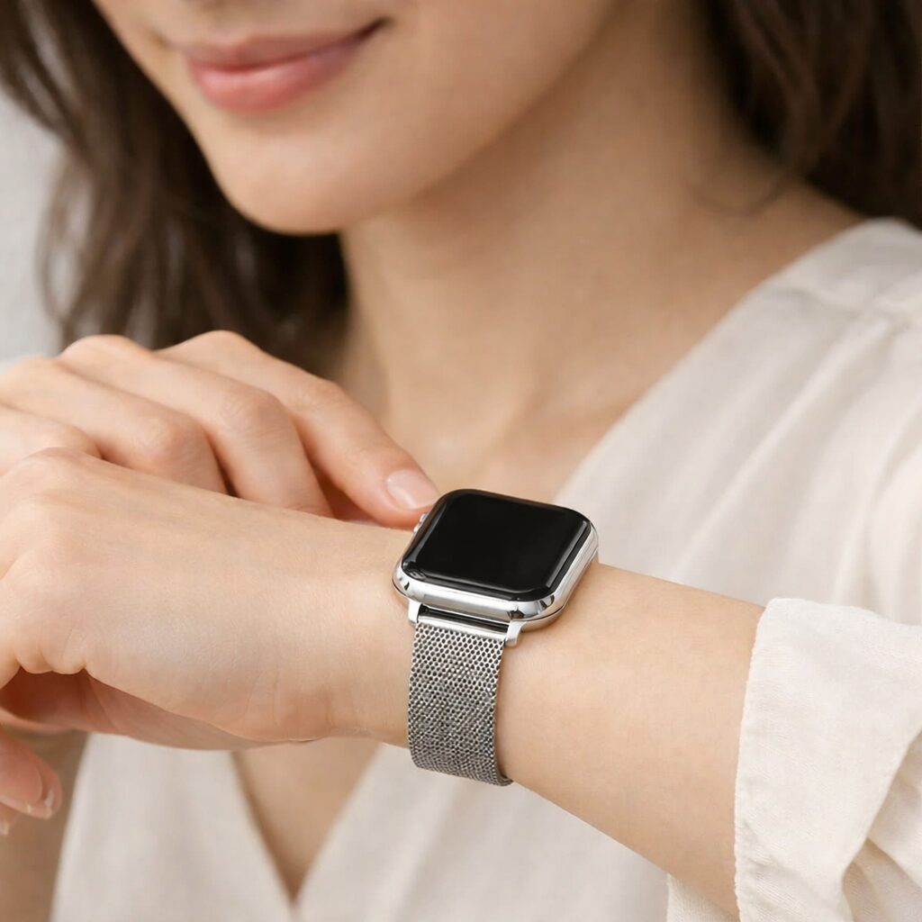 細めのメッシュ金属バンドのスマートウォッチを日本人女性が手首にフィットさせて装着しているクローズアップ