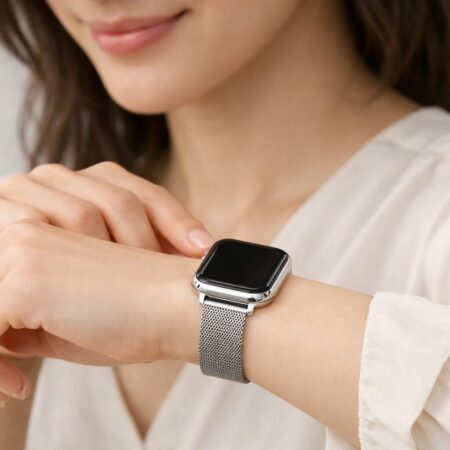 カフェで日本人女性が上品なメッシュバンドのスマートウォッチを自然に身につけている雰囲気カット