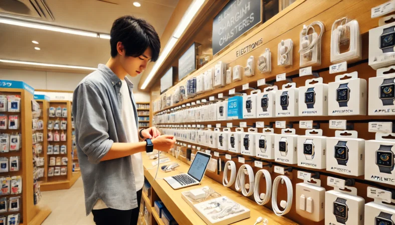 日本のコンビニエンスストアでApple Watch関連の充電器を探す日本人男性。スマホアクセサリー棚には各種ケーブルが並ぶが、専用充電器は見当たらない。