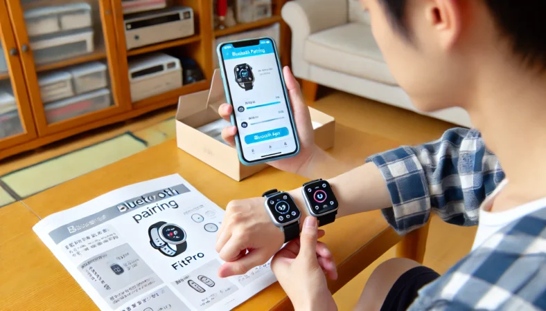 日本の家庭で、FitProアプリを使ってスマートウォッチとスマートフォンをペアリングする日本人。机上には説明書と端末が並んでいる。