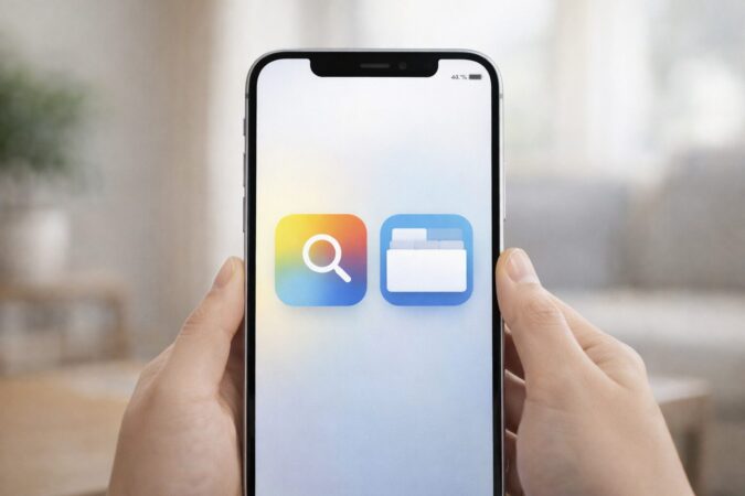 iPhoneでGoogleアプリ的な検索入口とChrome的なブラウザ管理を見分ける抽象的な画面イメージ