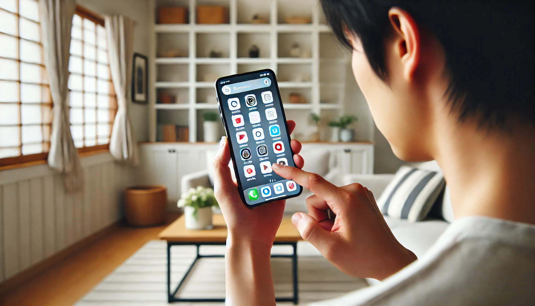 日本人の男がスマートフォンのホーム画面でアプリを検索する様子。現代的な和風の室内で、アプリの非表示を戻す操作を行っている。スマートフォン画面には検索バーとアプリアイコンが見える。