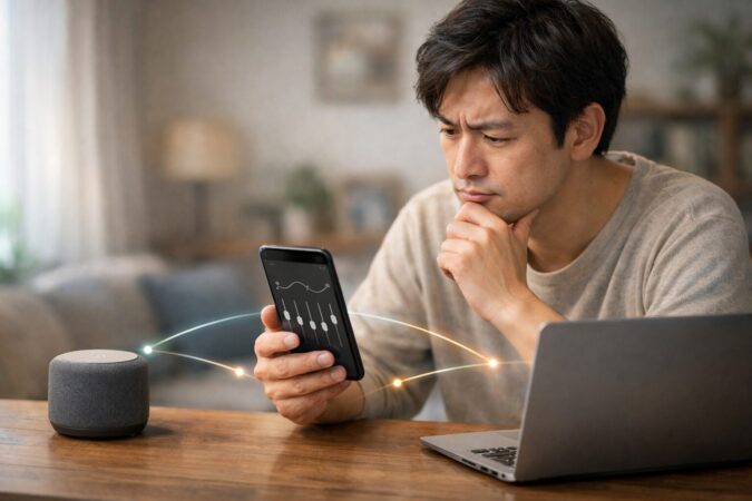 アプリ内EQの効果範囲と再生先の違い（スマホ・PC・スピーカー）を確認しているイメージ