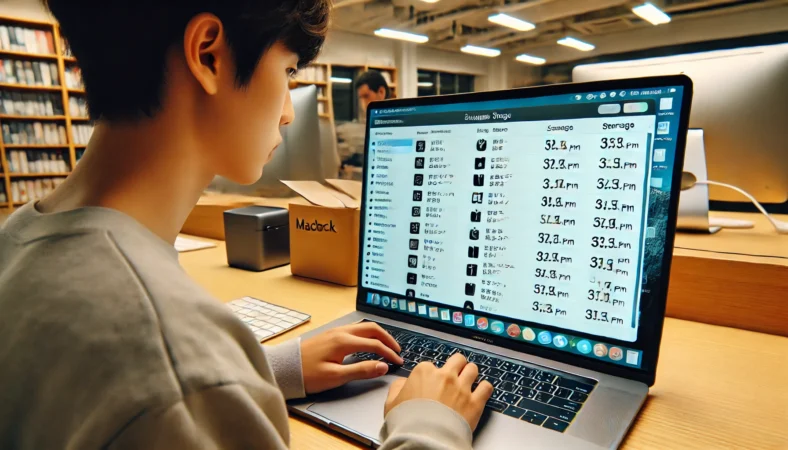 日本人のMacBookユーザーがアプリごとのストレージ使用量を確認しており、動画編集やデザイン、開発ツールなど容量の大きなアプリを特定しようとしている様子。