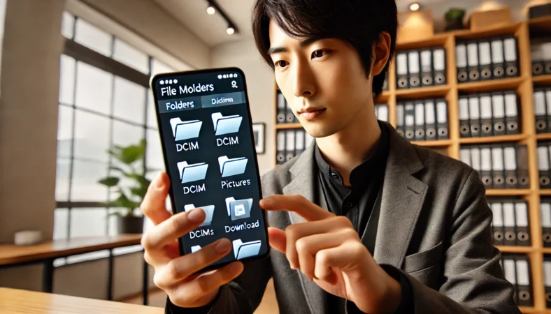 日本人がAndroidスマートフォンのファイル管理アプリを使い、DCIMやPictures、Downloadなど複数のフォルダを確認しながらアプリ別の写真保存先を調べている様子。現代的な明るい室内環境。
