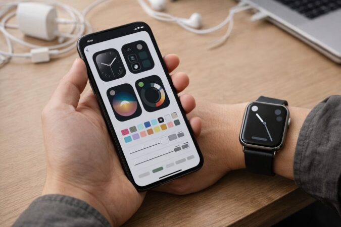 文字盤アプリでカスタムを試すが制限もある状況を表すスマホとスマートウォッチの俯瞰