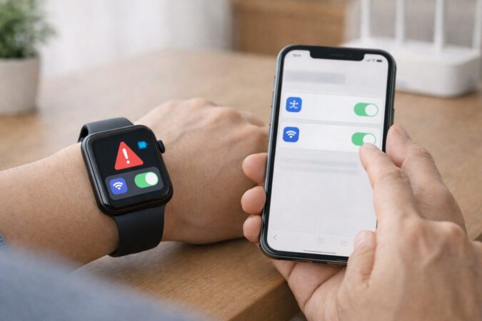 Apple WatchとiPhoneで通信やアプリ状態を切り分けてエラー原因を確認している様子
