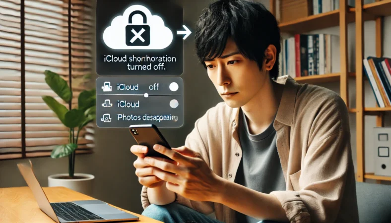 自宅のデスクでiPhoneを操作する日本人が、iCloudの同期がオフになったことによる写真消失の不安を感じている様子。背後にはクラウドのアイコンや切断されたデバイスが視覚的に描かれている。