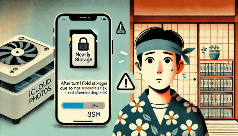 日本人がiPhoneのストレージ不足の警告に困惑している様子。そばに外付けSSDと警告アイコンがあり、iCloud写真をオフにした際の「オリジナル未保存」や「容量不足」による写真消失リスクを表している。