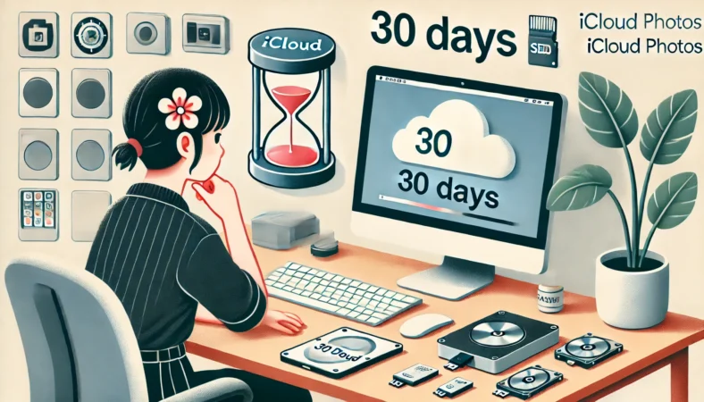 日本人がデスクでiCloudの30日間猶予を示すカウントダウンを見つめている。近くには外付けSSDやフラッシュドライブがあり、削除前の退避を強調。写真の消失を防ぐための猶予期間と慎重な対応を象徴している。