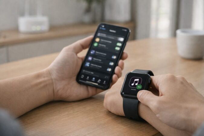 Apple Watchのオフライン再生条件をiPhone設定と一緒に確認する日本人の手元（プラン・通信・端末条件の確認イメージ）