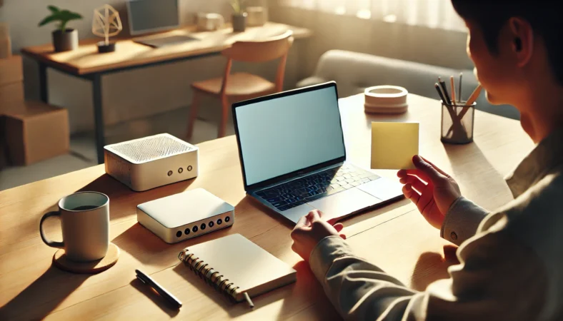 Chromebookがオワコンかを検討する日本人ユーザーがデスクでノートPCを見つめて判断している様子（テキストなしの作業環境）