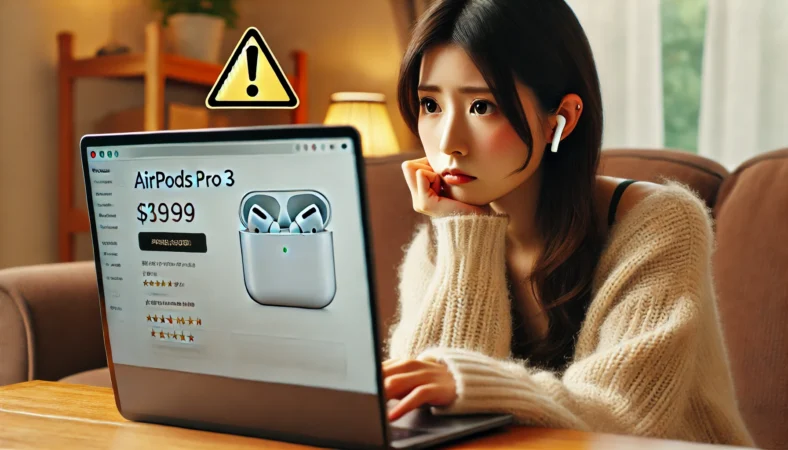 自宅でAirPods Pro 3をネット購入しようとしつつ、注意マークの表示を見て慎重な表情を浮かべる日本人女性。