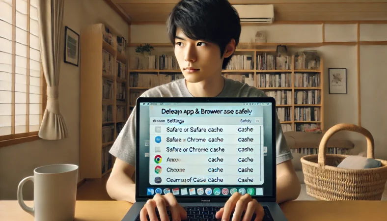 日本人のMacBookユーザーが、Safariやアプリのキャッシュを安全に削除している様子。MacBookの設定画面やアプリのクリーンアップ画面が表示されており、落ち着いた雰囲気の居住空間で作業している。