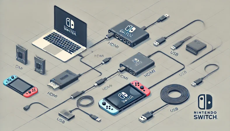 Nintendo Switchのドックからキャプチャーボードを経由してノートパソコンへ接続されている構成を示す視覚的な図解。HDMIとUSBの流れが明確なテクニカルな構成イメージ。