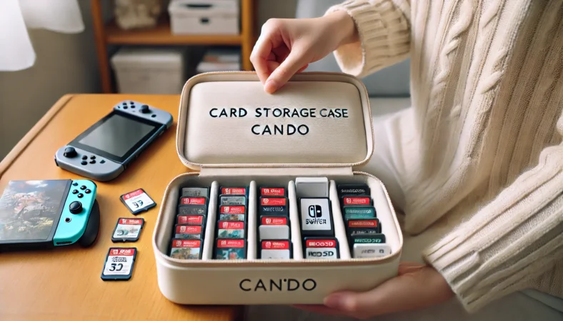 日本人がキャンドゥのカードケースを使って、Nintendo SwitchのゲームカードやmicroSD Expressカードを使用頻度順に整理している様子。日常的な使いやすさが伝わる家庭内シーン。