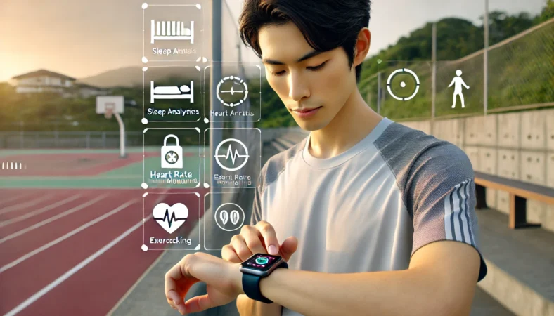 日本人男性が公園でApple Watchの健康管理アプリを確認している様子。睡眠分析や心拍数のモニタリング、運動記録を示す要素が周囲に描かれ、ヘルスケアへの活用と日常的な健康意識を表現。
