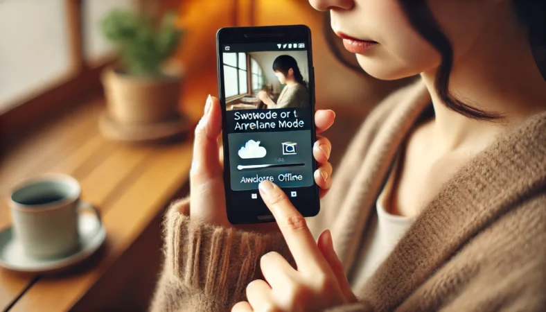 日本人がAndroidスマートフォンを機内モードに設定し、写真がオフラインでも表示されるかを確認してクラウド保存との違いを見分けようとしている様子。