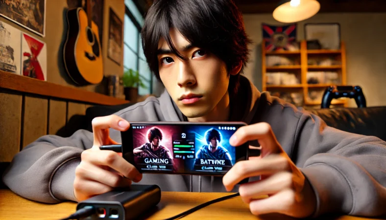 ゲーム用のクローンアプリを使いながらスマートフォンでサブアカ運用を行う日本人男性と接続されたモバイルバッテリー