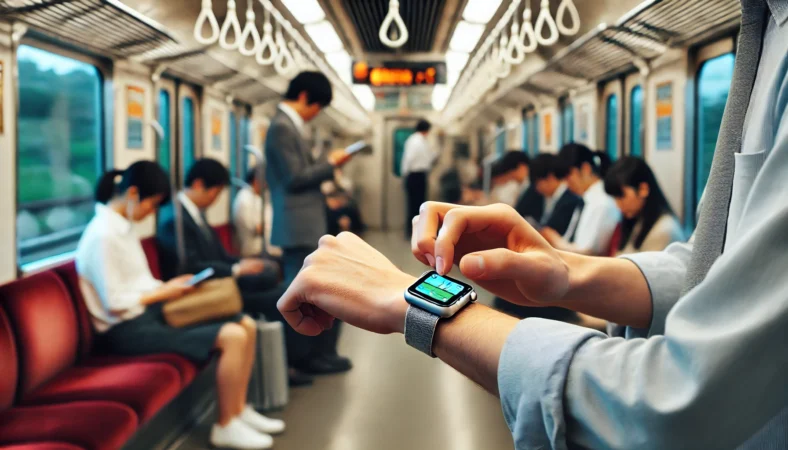 通勤電車内でApple Watchの軽量ゲームをプレイする日本人。周囲に配慮しつつ短時間で楽しむ姿が、移動時間に適した安全で実用的な活用法を伝えている。