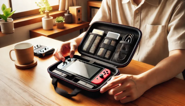日本人がNintendo Switch2専用のセミハードEVAケースを使っている様子。ケース内には本体が固定され、ケーブルやゲームカードが仕切られた収納に整理されており、日常使いに最適な構成が表現されている。