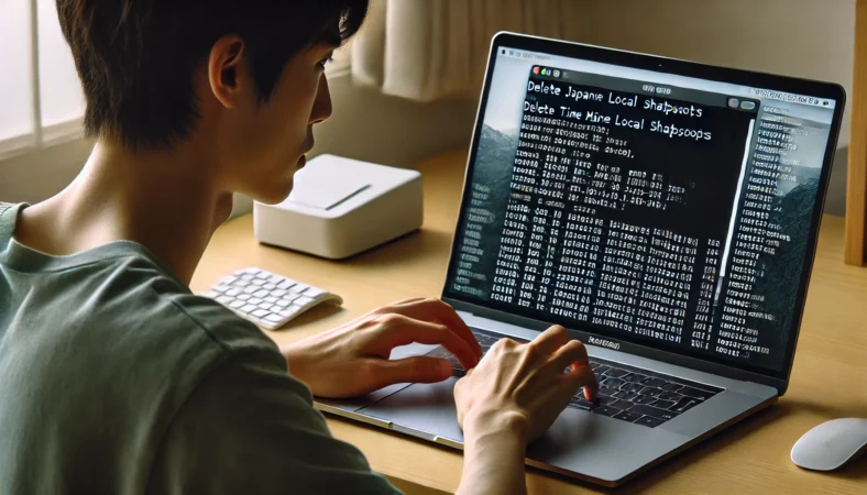 日本人のMacBookユーザーが、Time Machineのローカルスナップショットを削除するためにターミナルアプリを使用し、慎重にコマンドを入力している様子。自宅の整った作業スペースで落ち着いた雰囲気。