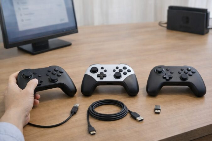 SwitchとPCで兼用しやすいコントローラーを接続方式別に比較できるデスク上のイメージ