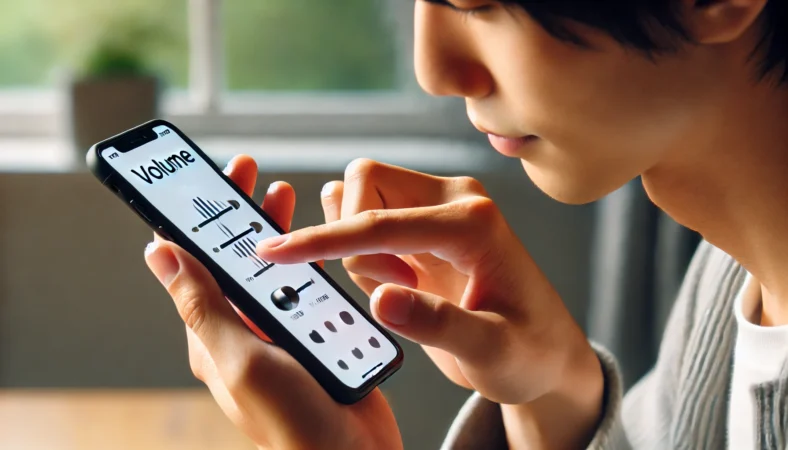 室内で日本人がiPhoneのコントロールセンターから音量スライダーを丁寧に操作している様子。
