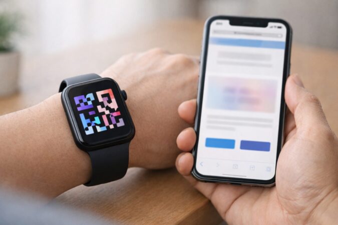 スマートウォッチとiPhoneを並べて認証連携を進める手元のクローズアップ