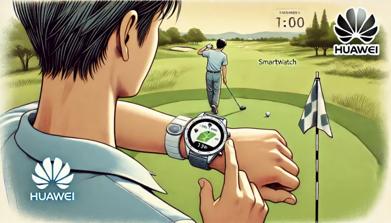 ゴルフコース上でHuaweiスマートウォッチを確認している日本人男性。スマートウォッチには3Dのコースマップと距離情報が表示されており、スマホを使わずにプレー中の情報確認が可能な様子を描写。