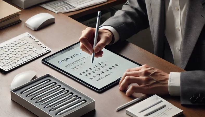 日本人オフィスワーカーが旧型iPadでサードパーティ製スタイラスを使ってノートを取っている様子。机上には予備のスタイラスもあり、価格重視の実用的な運用を表現。