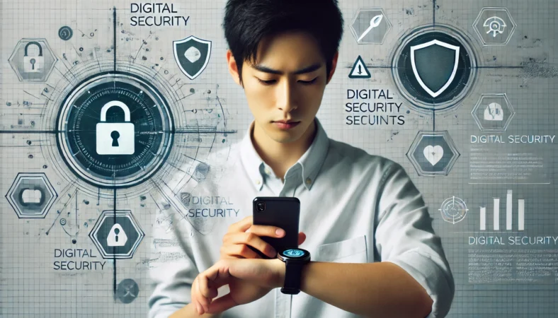シャオミのスマートウォッチを手に持ちながら、スマートフォンで慎重に設定を確認している日本人男性。背景にはデジタルセキュリティを象徴する抽象的なシンボルが浮かび、スマートデバイスの安全な使い方を意識した構図。