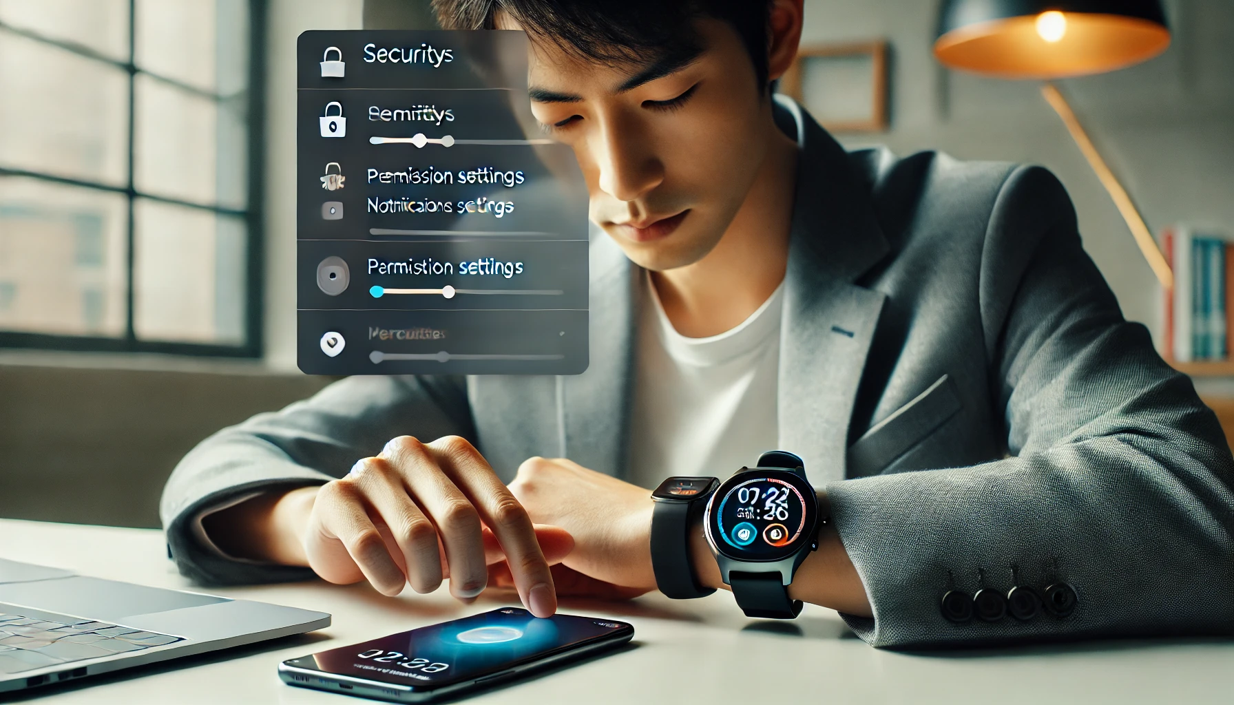 スマートフォンでシャオミのスマートウォッチのセキュリティ設定を見直している日本人男性。デスクに座り、通知や権限設定を確認している様子。