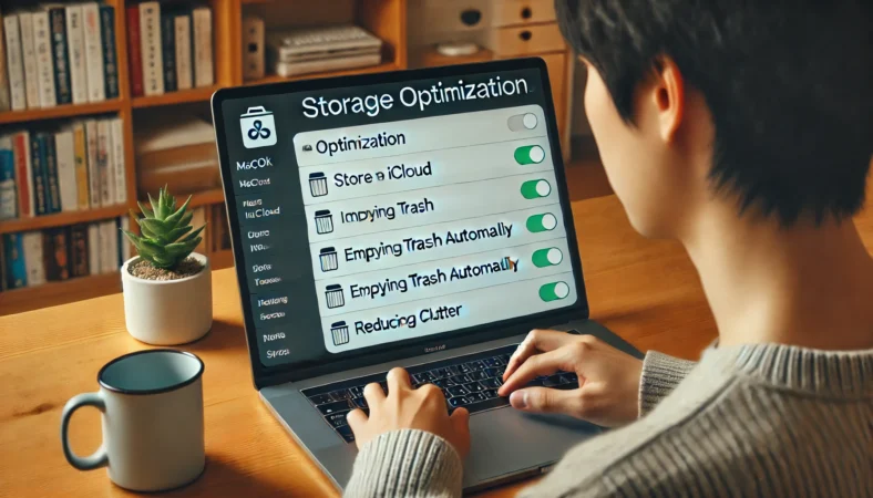 日本人ユーザーがMacBookのストレージ最適化オプション（iCloudへの保存、ゴミ箱自動削除、不要ファイルの整理など）を慎重に確認しながら、実行するかどうかを検討している様子。
