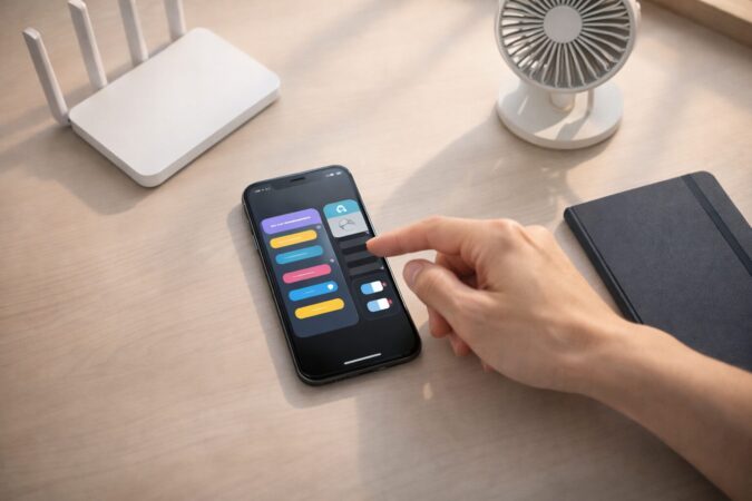 VRChatスマホ版を安定させるためのiPhone設定と通信・発熱対策をまとめた机上イメージ