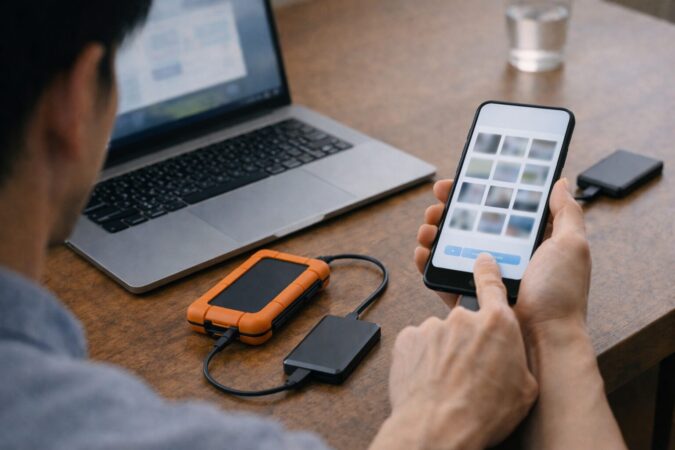 スマホの写真や動画をUSB-C接続で外付けSSDへコピーして保存する手順イメージ(文字なし)