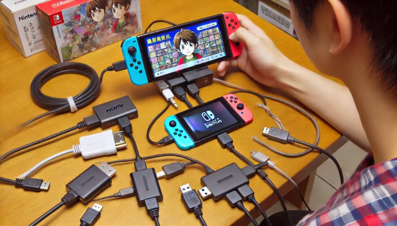 スマートフォンにHDMIアダプタやUSB変換ケーブルを多数接続してNintendo Switchの映像を表示しようとしている日本人ユーザー。接続トラブルに困惑した表情で、画面共有にスマホを使う構成の難しさを表現している。