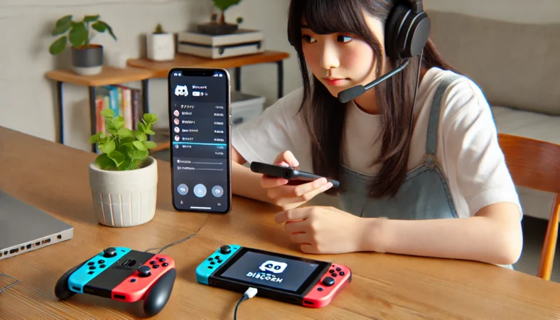 スマートフォンで素早くDiscordのボイスチャットに参加する日本人のティーンエイジャー。そばにNintendo Switchがあり、最小構成で快適にプレイ環境を構築している様子。PC不要のシンプルなセットアップを表現。